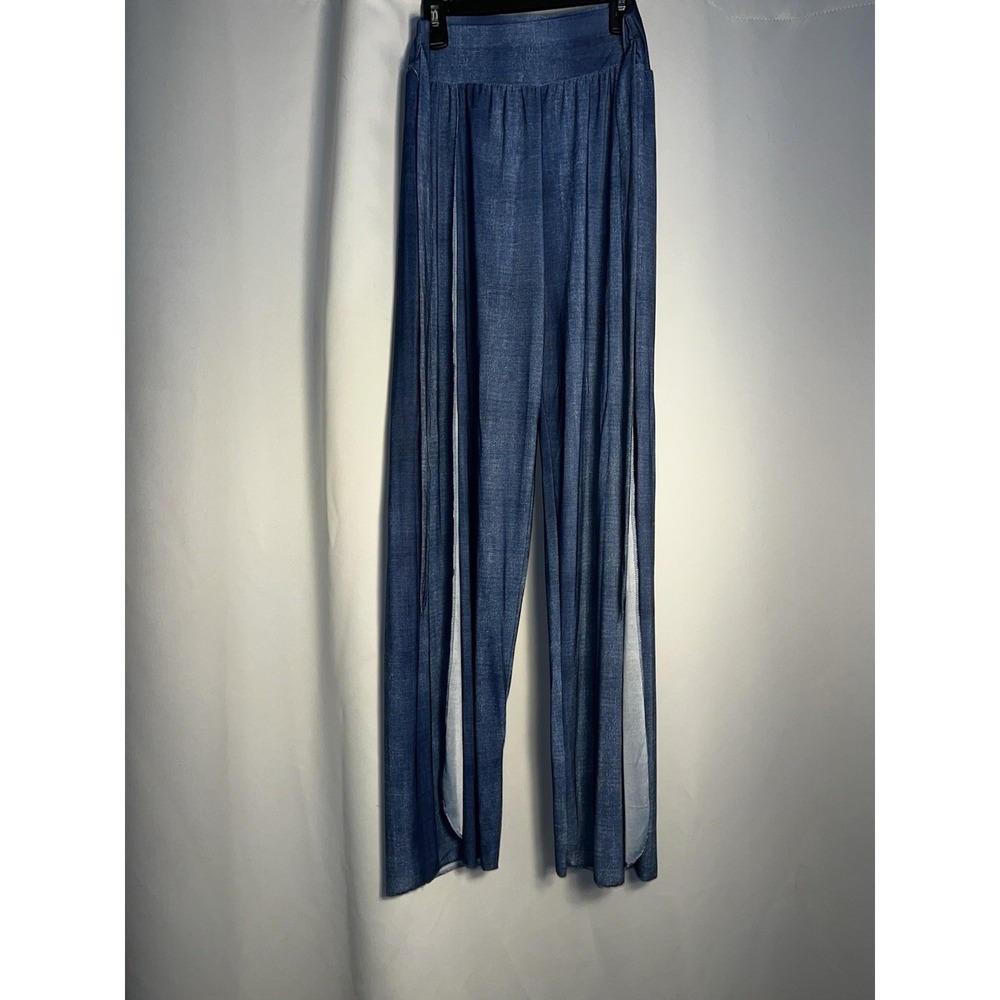Wide Leg Blue Jean Palazzo Pants with Side SlitsS/M Stretchy Lounge Boho